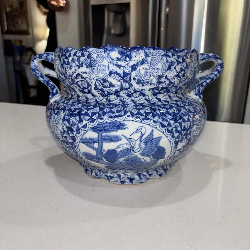 Vintage Bombay Company Large Blue And White Chinoiserie Porcelain Cachepot